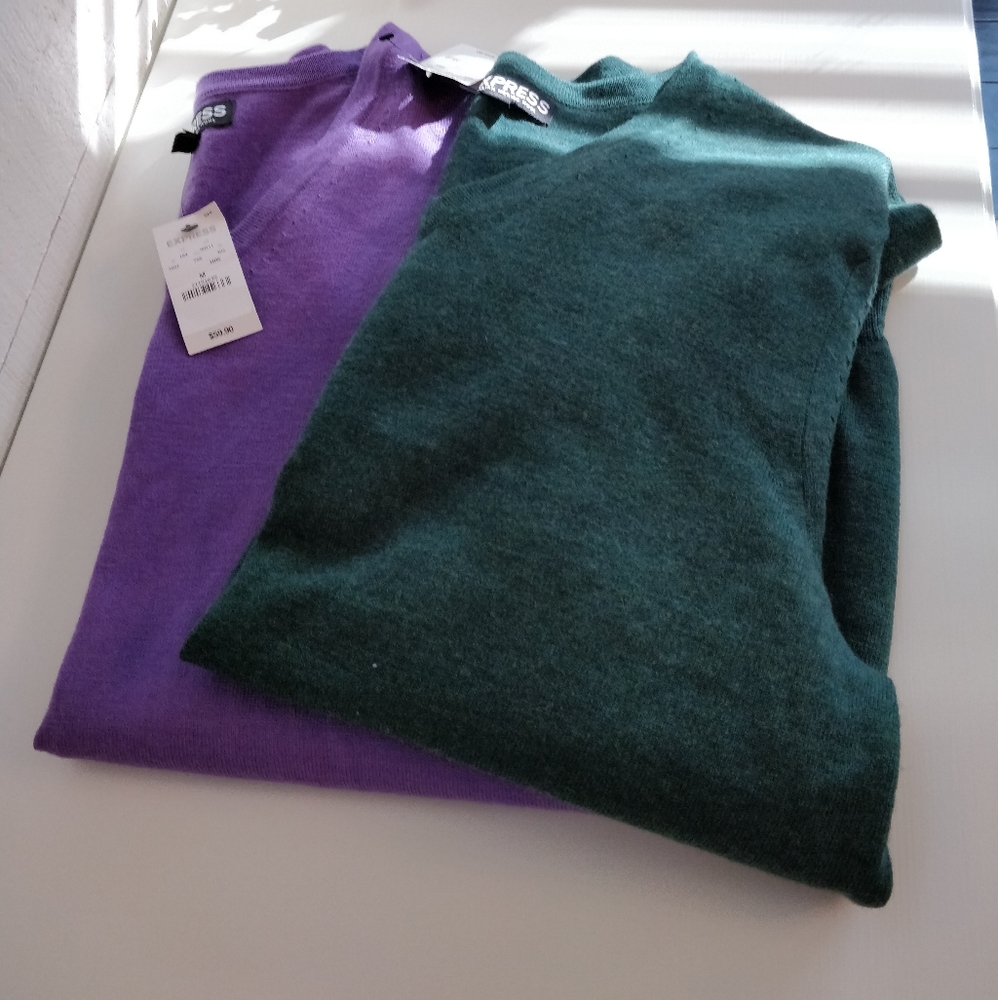 Set of 2 NWT Express 100% Merino Wool V-Neck Sweaters
